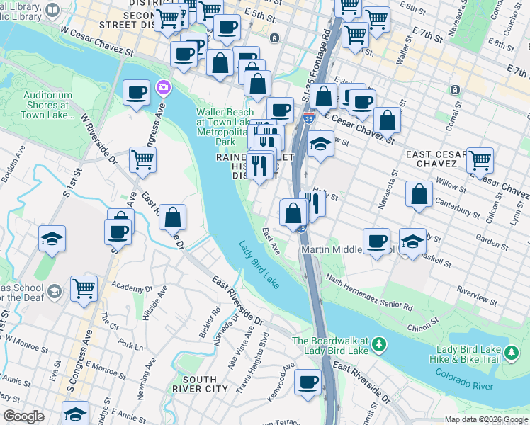 map of restaurants, bars, coffee shops, grocery stores, and more near 34 San Marcos Street in Austin