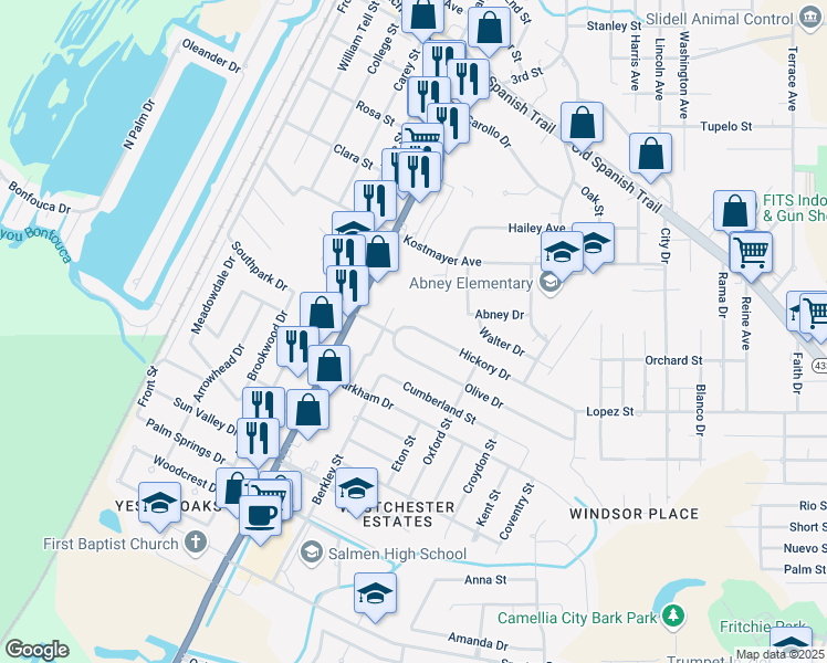 map of restaurants, bars, coffee shops, grocery stores, and more near 3500 Elizabeth Street in Slidell