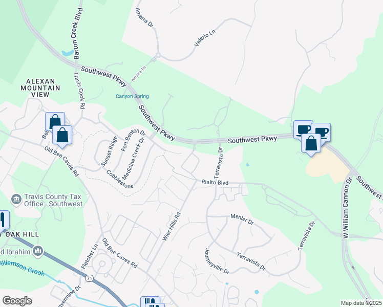 map of restaurants, bars, coffee shops, grocery stores, and more near 7901 Southwest Parkway in Austin