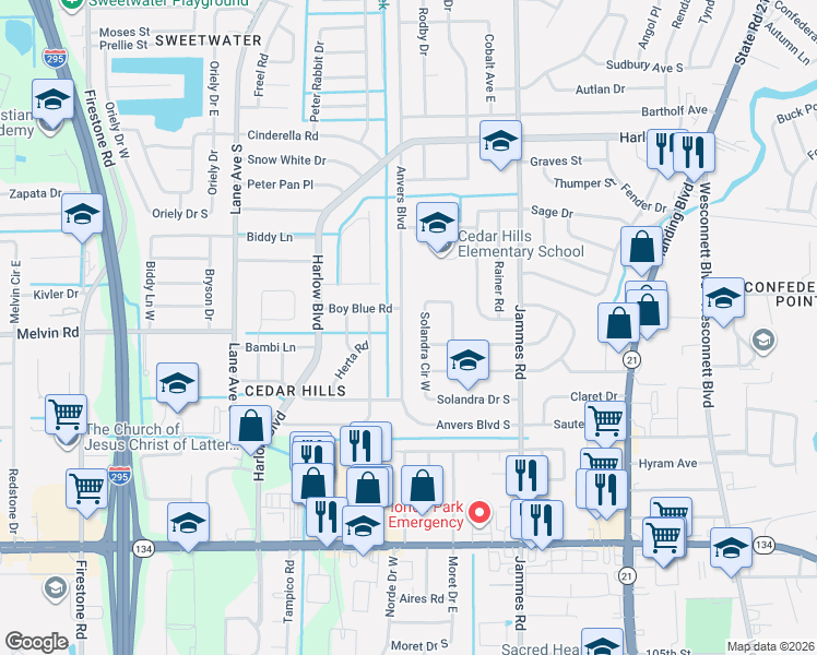 map of restaurants, bars, coffee shops, grocery stores, and more near 4606 Solandra Circle West in Jacksonville