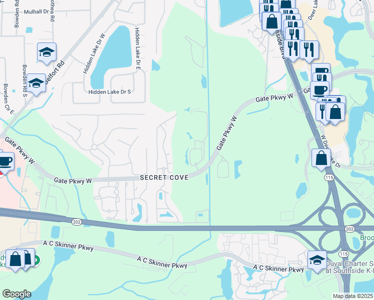map of restaurants, bars, coffee shops, grocery stores, and more near 8539 Gate Parkway West in Jacksonville