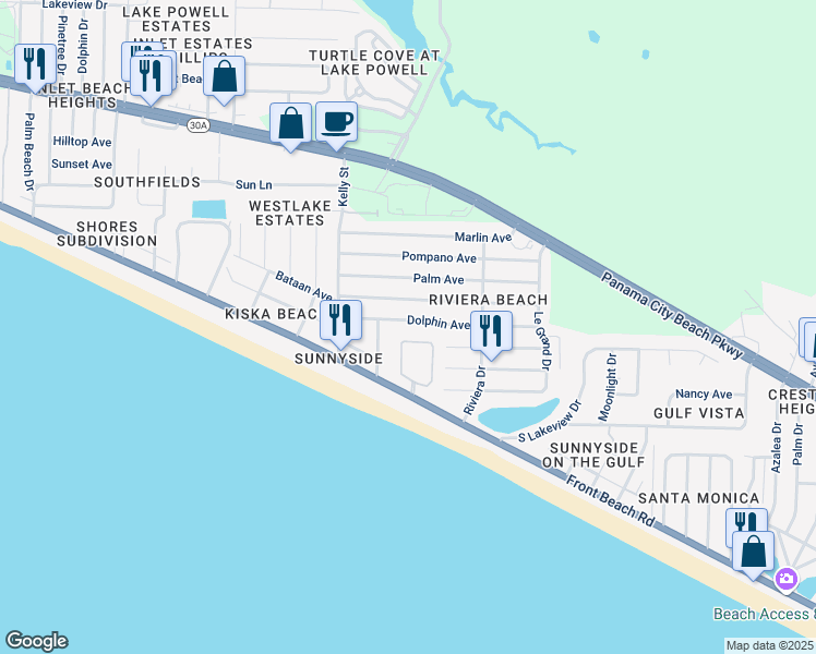 map of restaurants, bars, coffee shops, grocery stores, and more near 21715 Sunset Avenue in Panama City