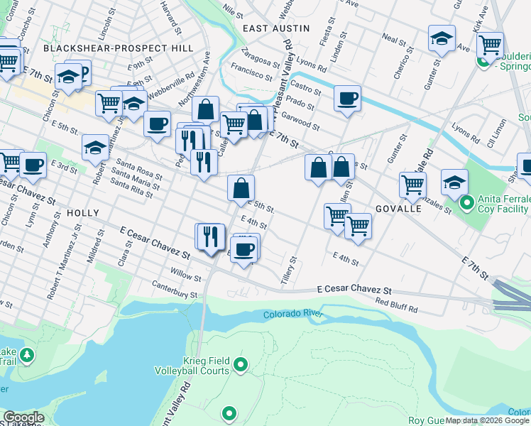 map of restaurants, bars, coffee shops, grocery stores, and more near 2910 East 5th Street in Austin