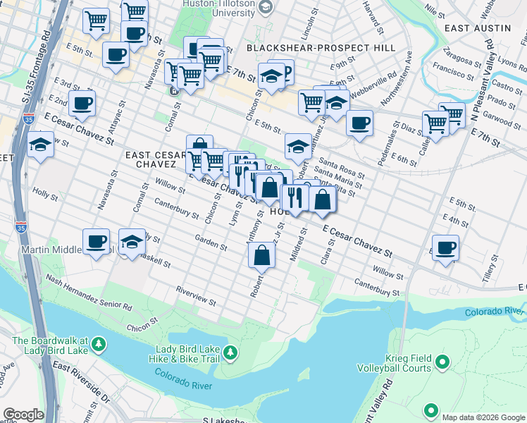 map of restaurants, bars, coffee shops, grocery stores, and more near 2036 East Cesar Chavez Street in Austin