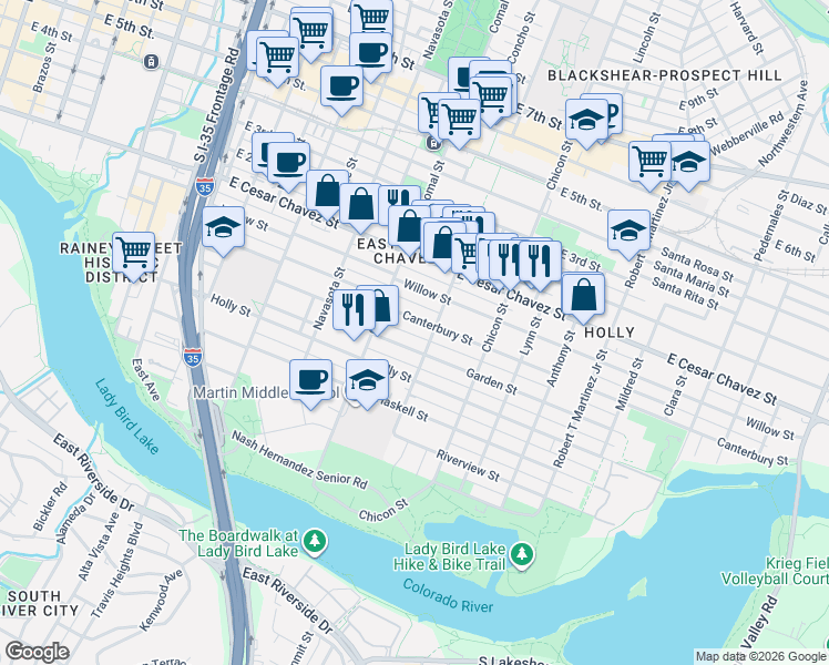 map of restaurants, bars, coffee shops, grocery stores, and more near 1616 Canterbury Street in Austin