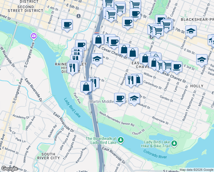 map of restaurants, bars, coffee shops, grocery stores, and more near 1200 Holly Street in Austin