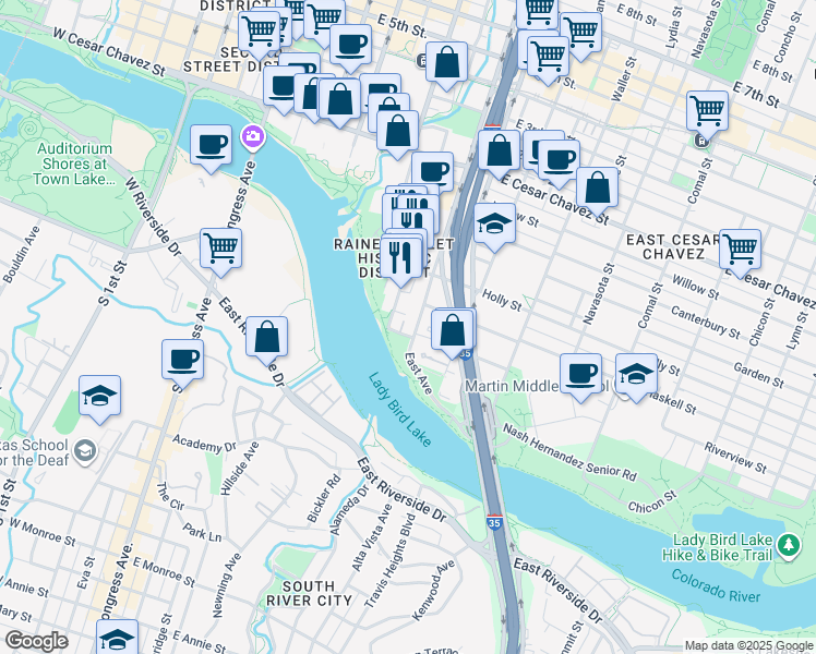 map of restaurants, bars, coffee shops, grocery stores, and more near 51 East Avenue in Austin