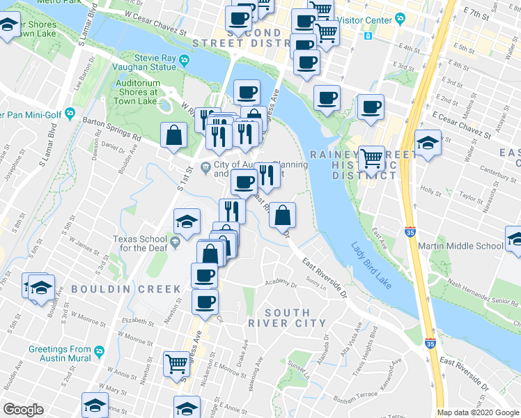 map of restaurants, bars, coffee shops, grocery stores, and more near 126 East Riverside Drive in Austin