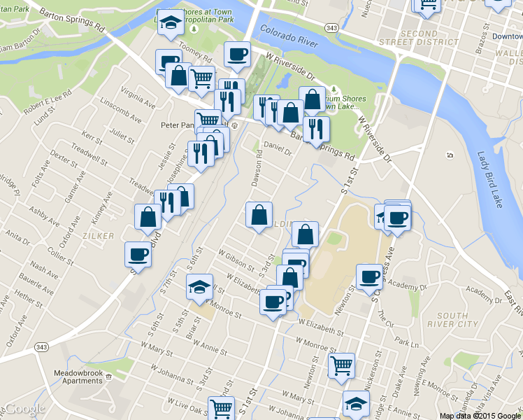 map of restaurants, bars, coffee shops, grocery stores, and more near 903 Dawson Road in Austin
