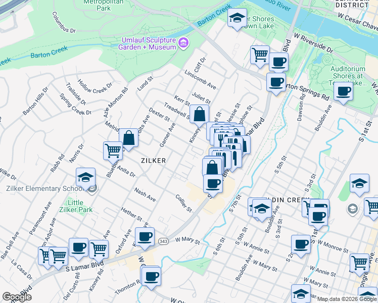 map of restaurants, bars, coffee shops, grocery stores, and more near 1107 Kinney Avenue in Austin