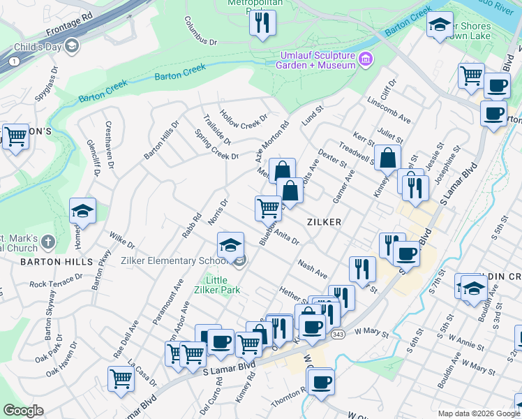 map of restaurants, bars, coffee shops, grocery stores, and more near 2101 Ashby Avenue in Austin