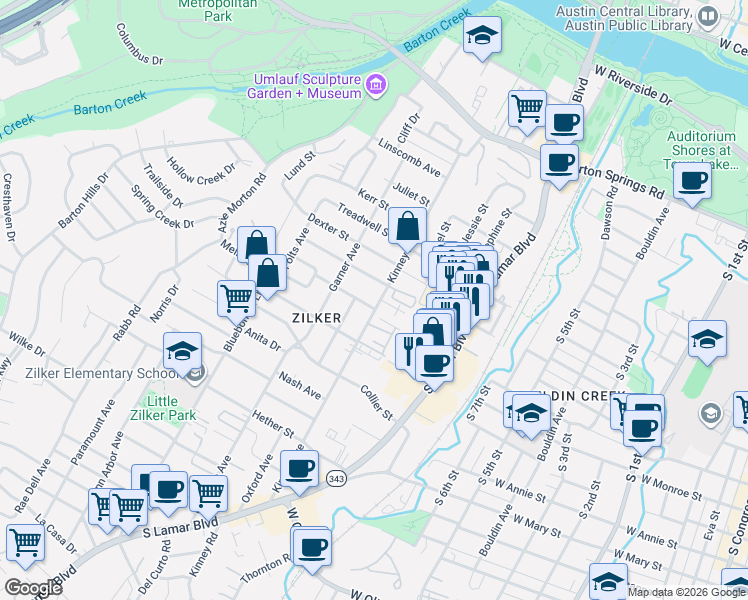 map of restaurants, bars, coffee shops, grocery stores, and more near 1208 Kinney Avenue in Austin