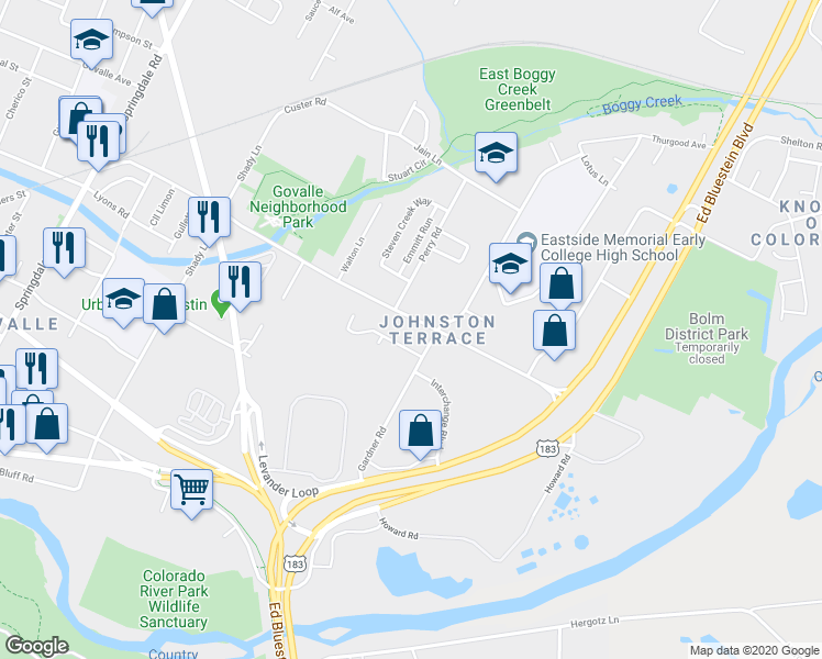 map of restaurants, bars, coffee shops, grocery stores, and more near 5909 Bolm Road in Austin