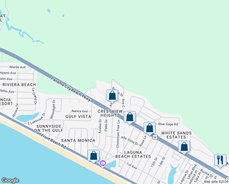map of restaurants, bars, coffee shops, grocery stores, and more near 627-677 Herlong Street in Panama City Beach