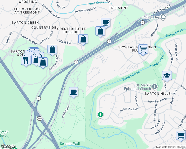 map of restaurants, bars, coffee shops, grocery stores, and more near 2800 Bartons Bluff Lane in Austin