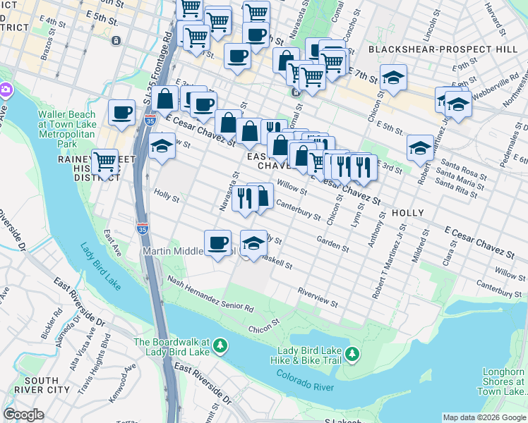 map of restaurants, bars, coffee shops, grocery stores, and more near 1602 Garden Street in Austin