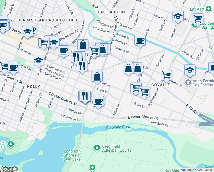 map of restaurants, bars, coffee shops, grocery stores, and more near 2907 East 5th Street in Austin