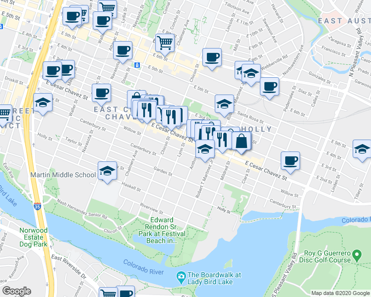 map of restaurants, bars, coffee shops, grocery stores, and more near 2002 Willow Street in Austin
