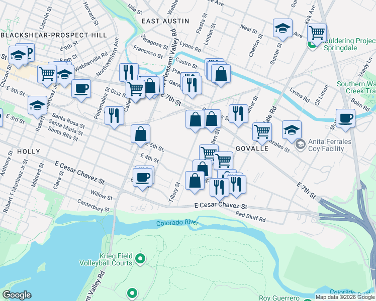 map of restaurants, bars, coffee shops, grocery stores, and more near 502 Tillery Street in Austin