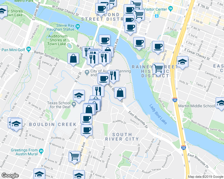 map of restaurants, bars, coffee shops, grocery stores, and more near 127 East Riverside Drive in Austin