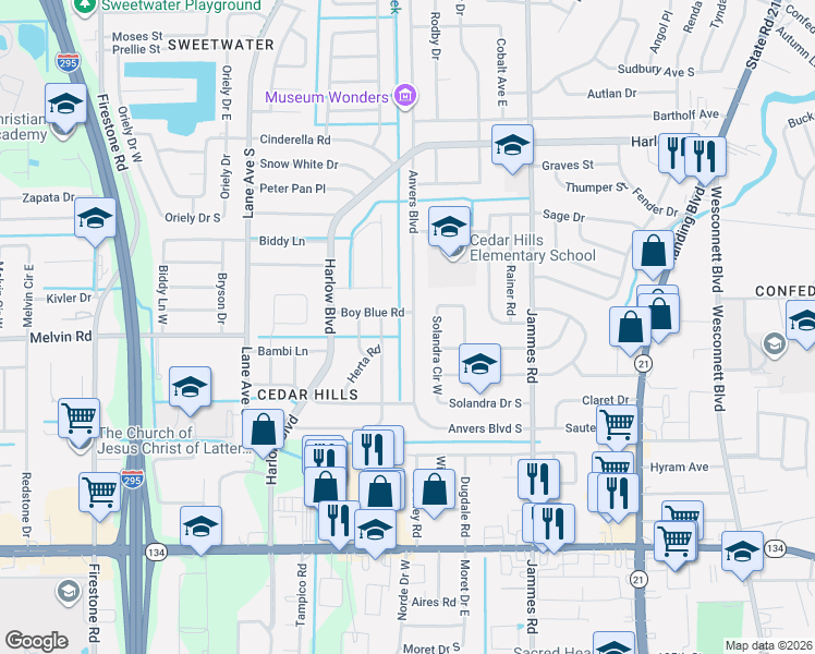 map of restaurants, bars, coffee shops, grocery stores, and more near 4606 Solandra Circle West in Jacksonville