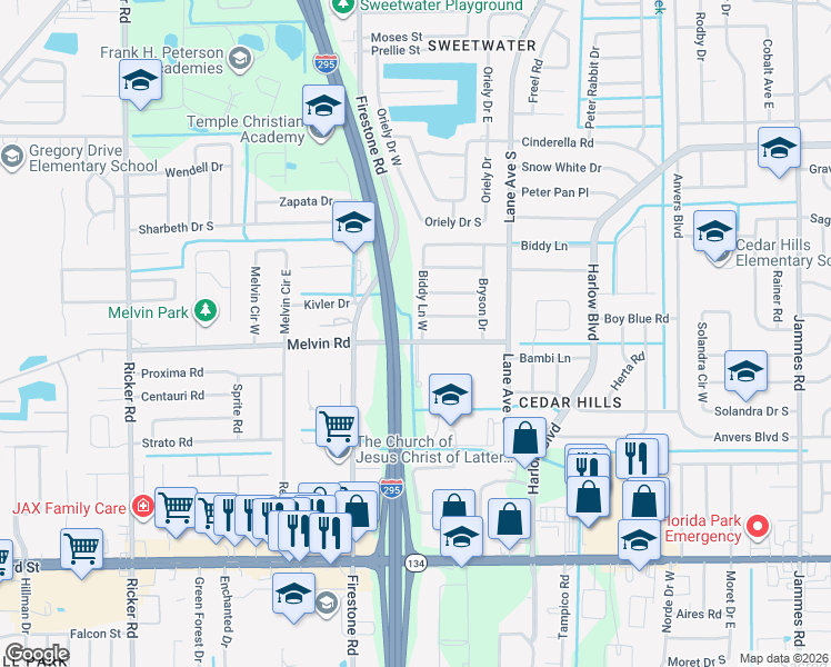 map of restaurants, bars, coffee shops, grocery stores, and more near 4540 Biddy Lane West in Jacksonville