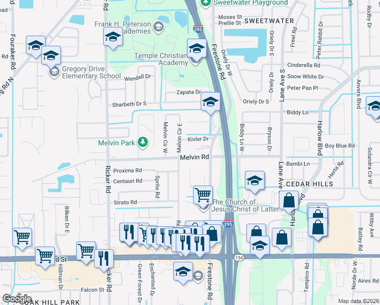 map of restaurants, bars, coffee shops, grocery stores, and more near 7262 Kivler Drive in Jacksonville
