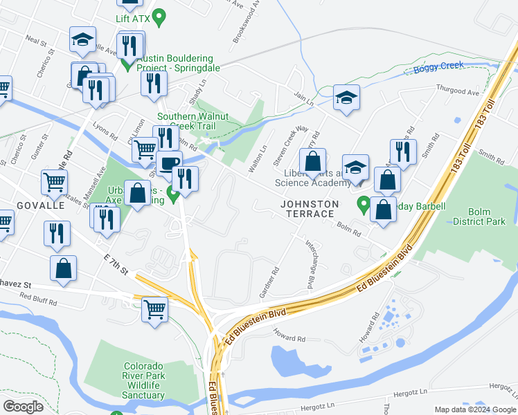 map of restaurants, bars, coffee shops, grocery stores, and more near 5713 Bolm Road in Austin