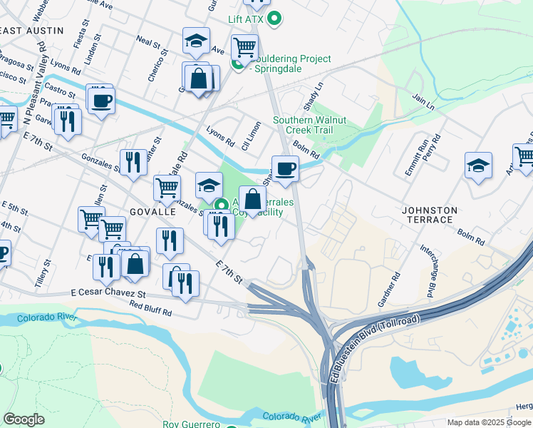 map of restaurants, bars, coffee shops, grocery stores, and more near 903 Shady Lane in Austin