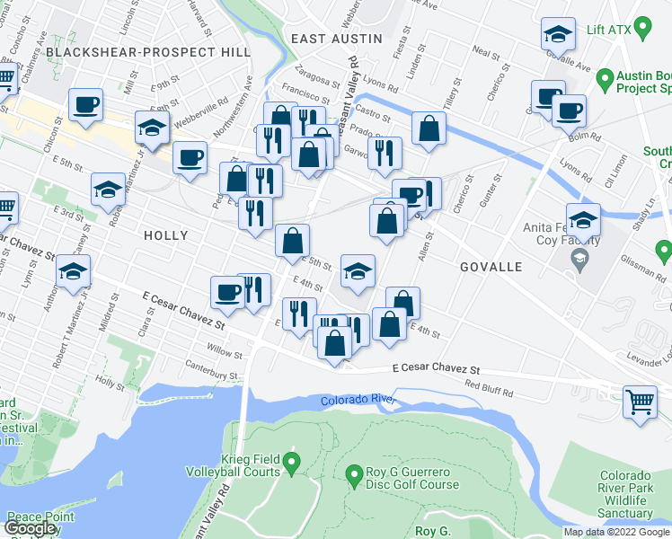 map of restaurants, bars, coffee shops, grocery stores, and more near E 5th St & Linden St in Austin