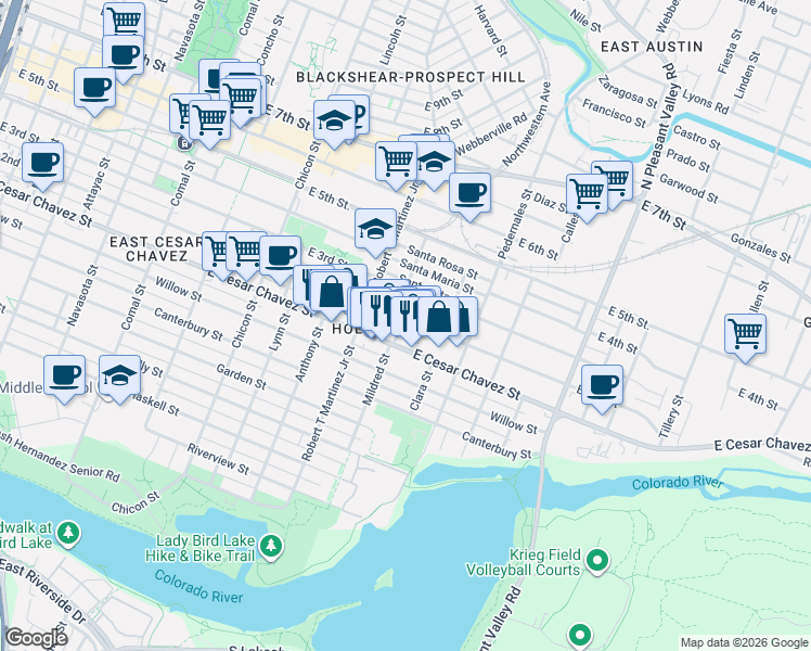 map of restaurants, bars, coffee shops, grocery stores, and more near 2218 East 2nd Street in Austin