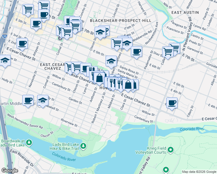 map of restaurants, bars, coffee shops, grocery stores, and more near 2109 East 2nd Street in Austin
