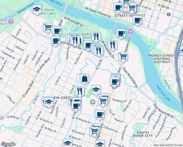 map of restaurants, bars, coffee shops, grocery stores, and more near 614 South 1st Street in Austin