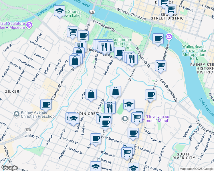 map of restaurants, bars, coffee shops, grocery stores, and more near in Austin