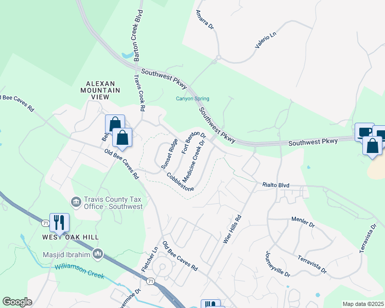map of restaurants, bars, coffee shops, grocery stores, and more near 5618 Medicine Creek Drive in Austin