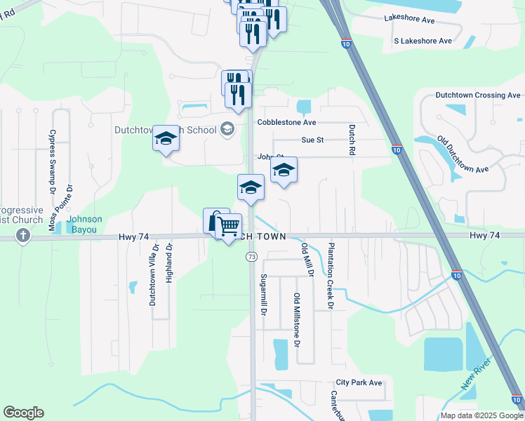 map of restaurants, bars, coffee shops, grocery stores, and more near 13046 Louisiana 73 in Geismar