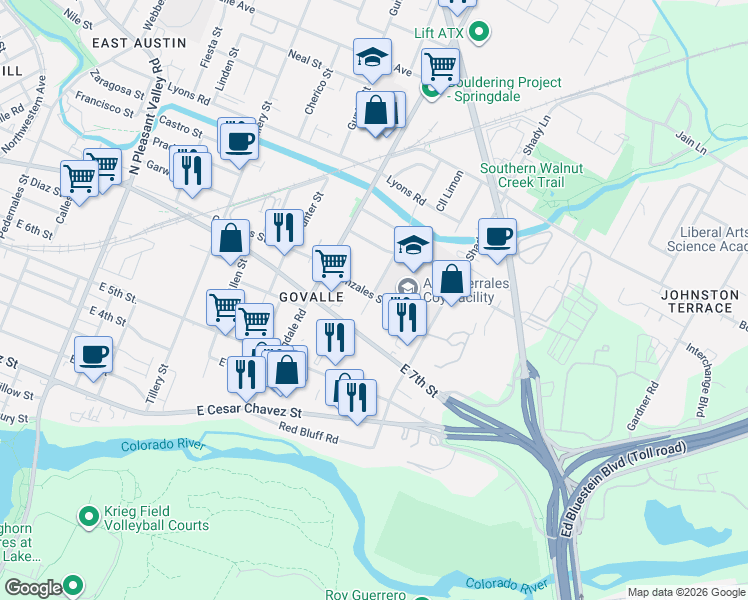 map of restaurants, bars, coffee shops, grocery stores, and more near 4801 Gonzales Street in Austin