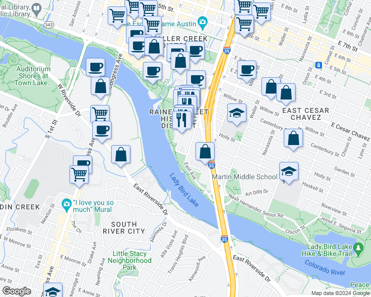 map of restaurants, bars, coffee shops, grocery stores, and more near 51 East Avenue in Austin