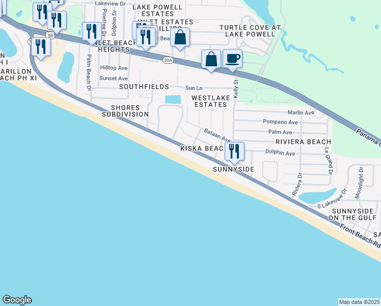 map of restaurants, bars, coffee shops, grocery stores, and more near 22115 Front Beach Road in Panama City Beach