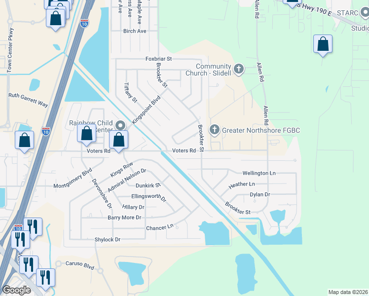 map of restaurants, bars, coffee shops, grocery stores, and more near 149 Trafalgar Square in Slidell
