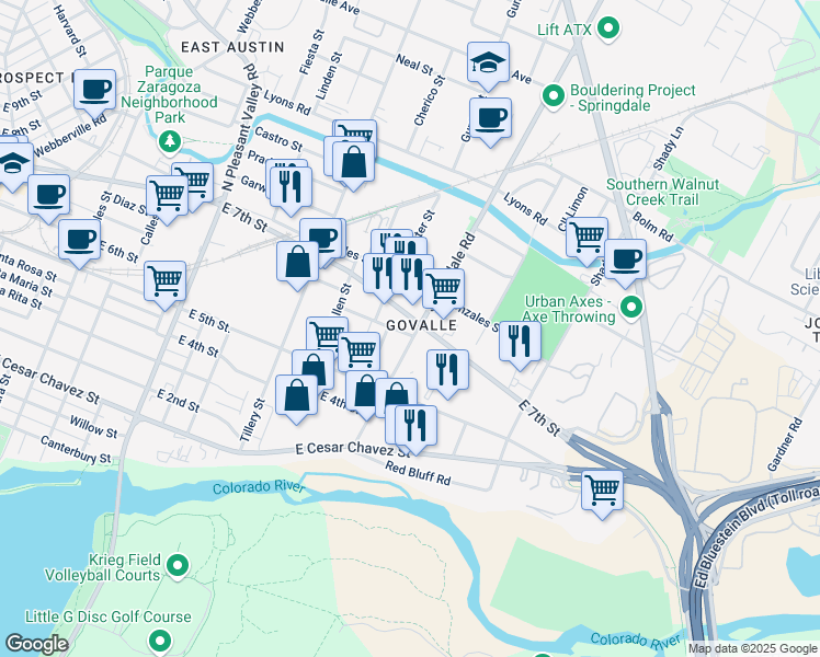 map of restaurants, bars, coffee shops, grocery stores, and more near 3502 East 7th Street in Austin