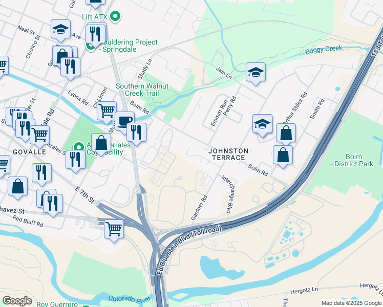 map of restaurants, bars, coffee shops, grocery stores, and more near 5713 Bolm Road in Austin