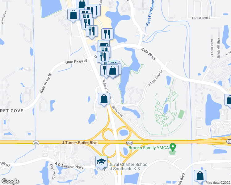map of restaurants, bars, coffee shops, grocery stores, and more near 9734 West Deer Lake Drive in Jacksonville