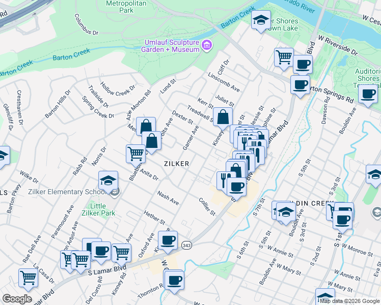 map of restaurants, bars, coffee shops, grocery stores, and more near 1703 Dywer Avenue in Austin