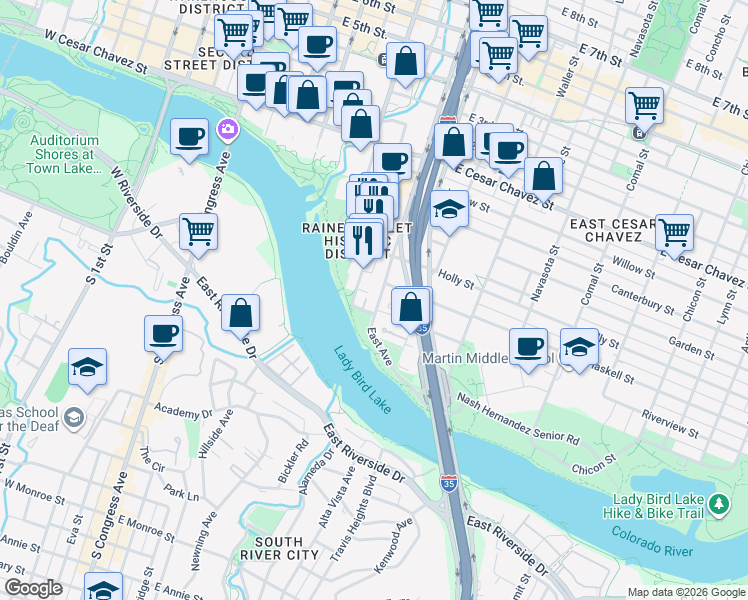 map of restaurants, bars, coffee shops, grocery stores, and more near 44 East Avenue in Austin