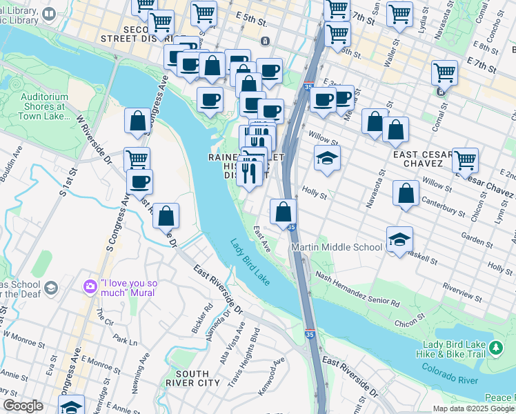 map of restaurants, bars, coffee shops, grocery stores, and more near 51 East Avenue in Austin