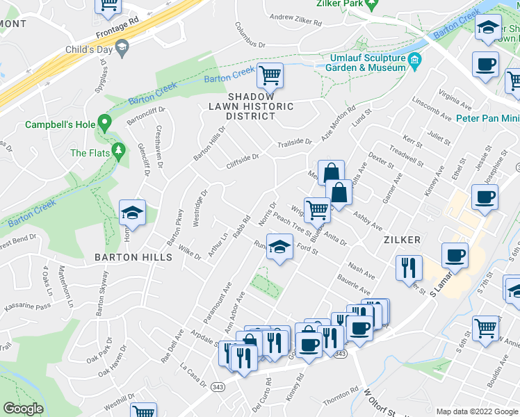 map of restaurants, bars, coffee shops, grocery stores, and more near 1705 Rabb Road in Austin
