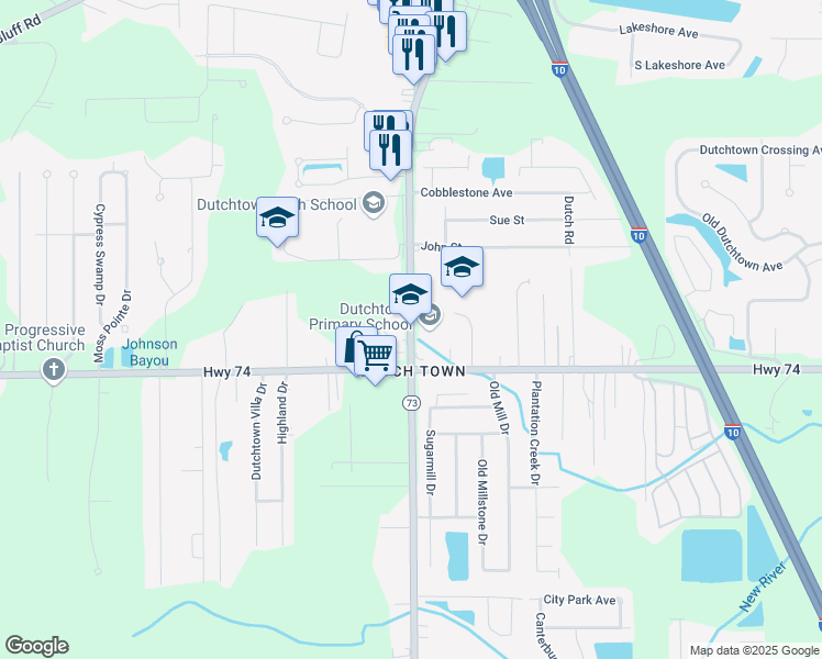 map of restaurants, bars, coffee shops, grocery stores, and more near 13046 Louisiana 73 in Geismar