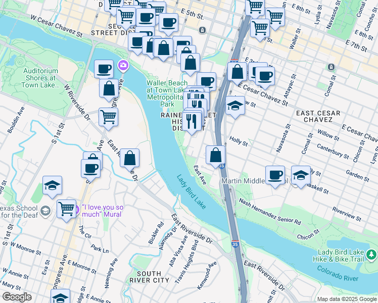 map of restaurants, bars, coffee shops, grocery stores, and more near 43 Rainey Street in Austin