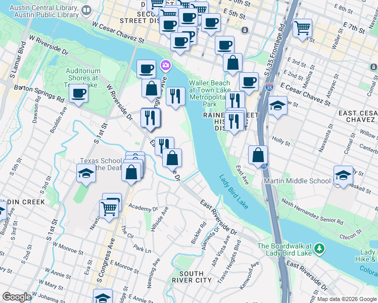 map of restaurants, bars, coffee shops, grocery stores, and more near 222 East Riverside Drive in Austin